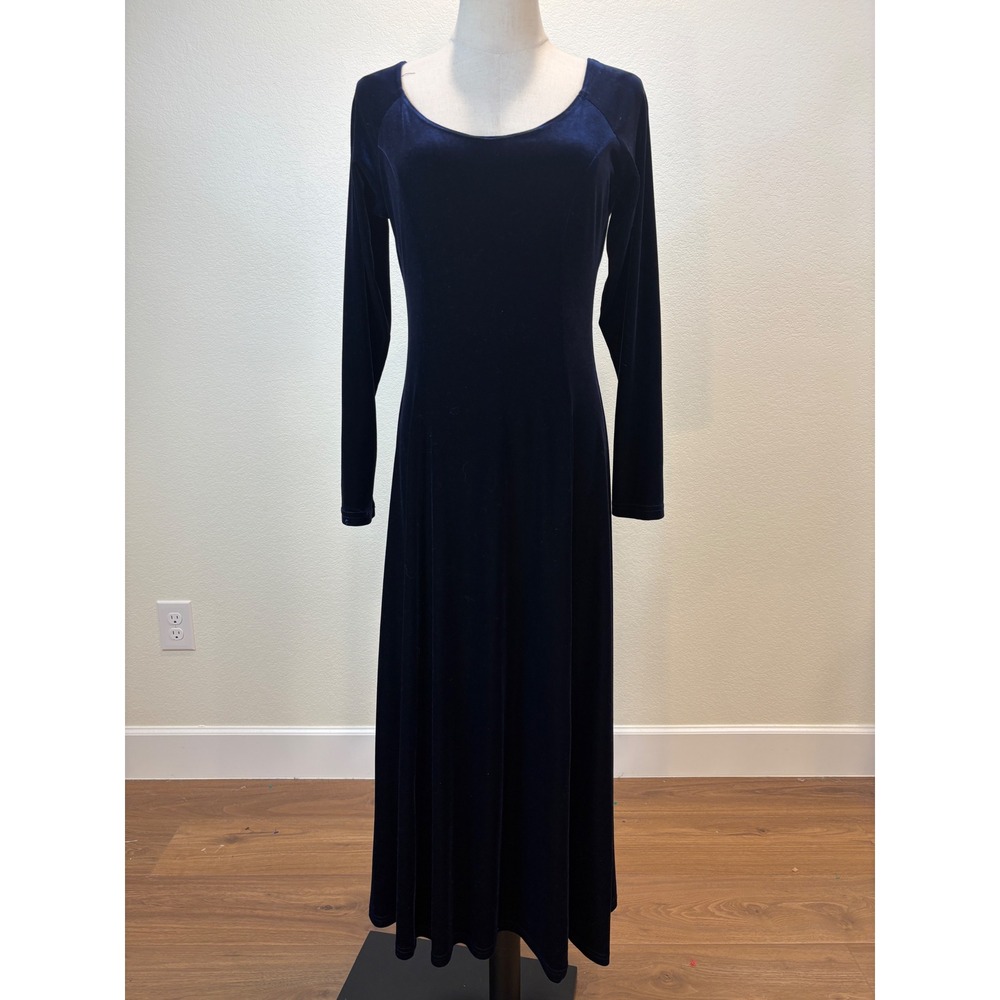 Moda International Midi Dress Women Medium Navy‎ Blue Velvet Long Sleeve witchy - Picture 2 of 8